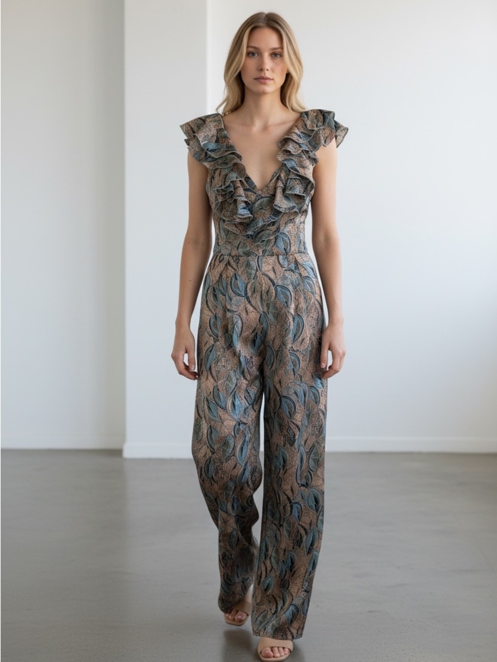 0080. Banjul Teal and Taupe Ruffle V-Neck Wide-Leg Jumpsuit